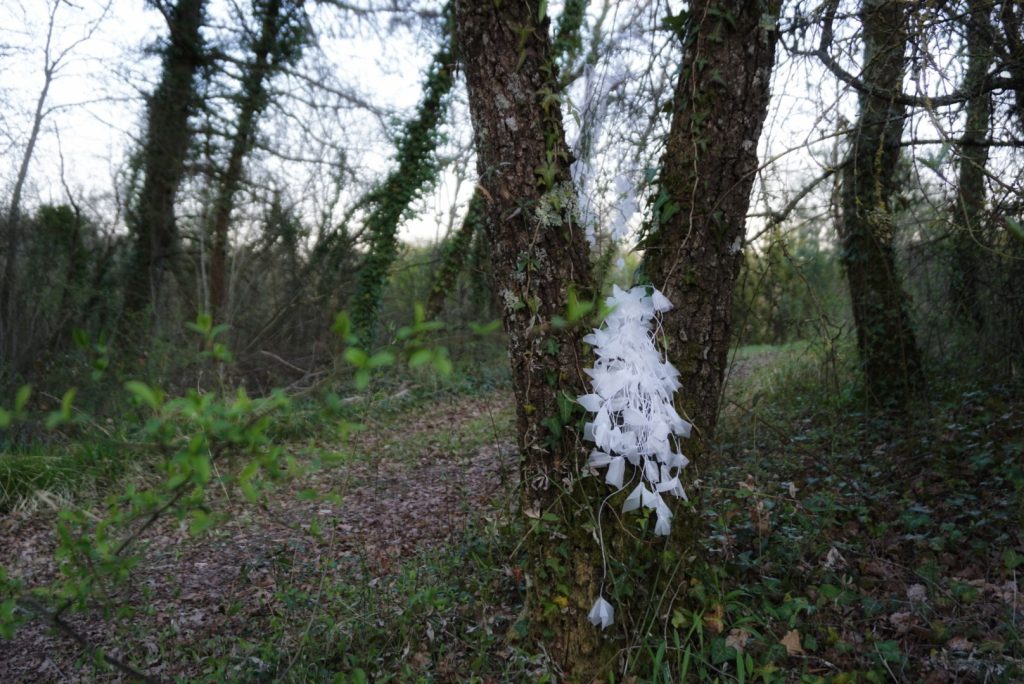 Sculpture en papier calque et ficelle blanche accrochée dans les arbres
