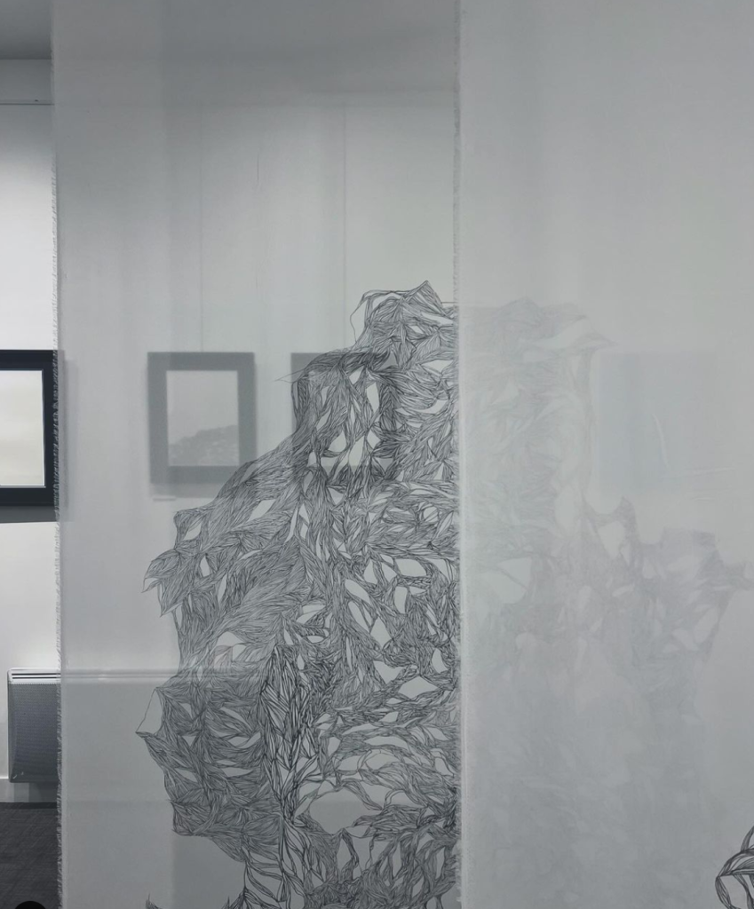 dessin noir sur tissu blanc quasi translucide accroché au plafond entre 3m et 4m de hauteur
