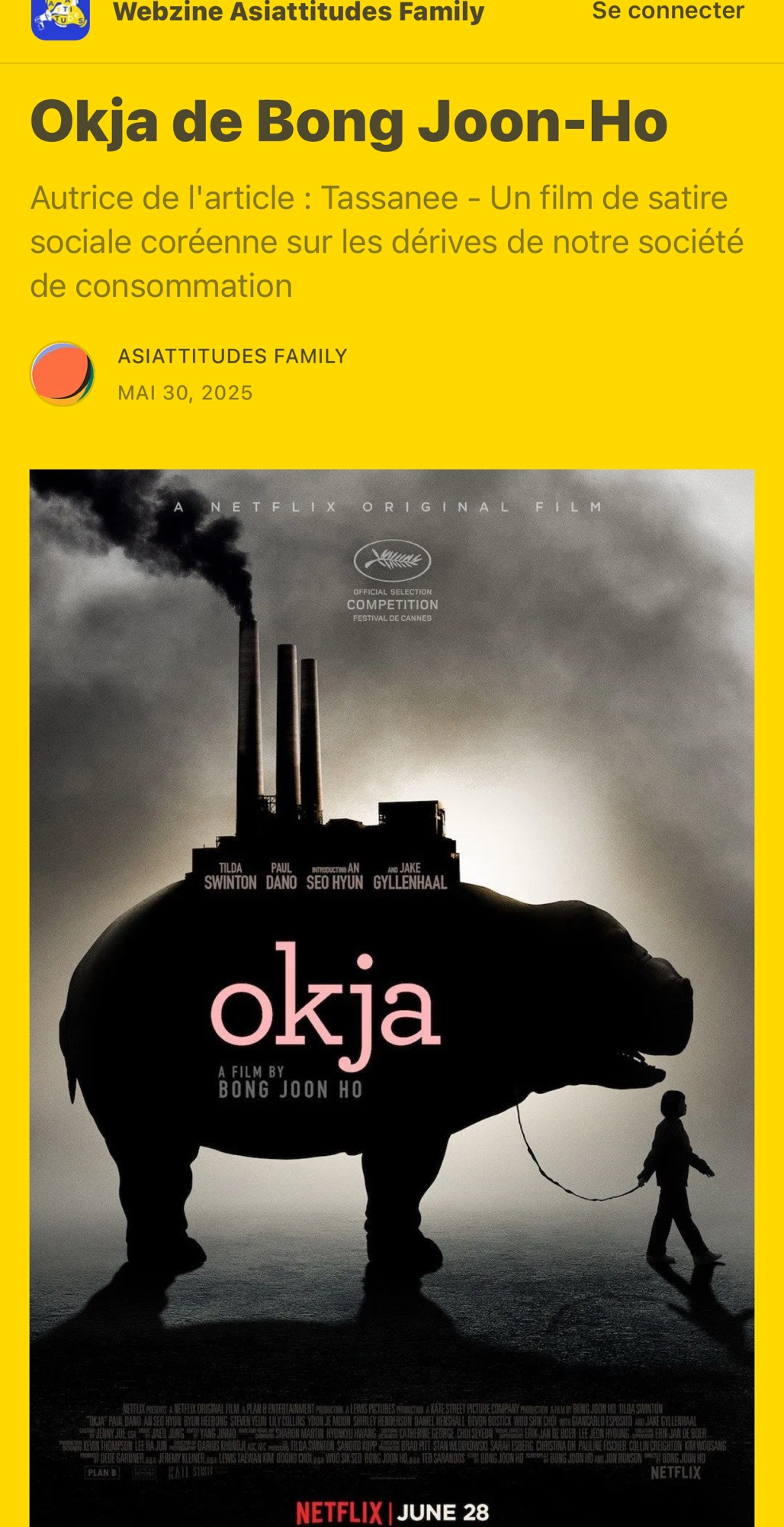 [critique cinéma] « Okja » de Bong Joon-ho dans le Webzine Asiattitudes Family