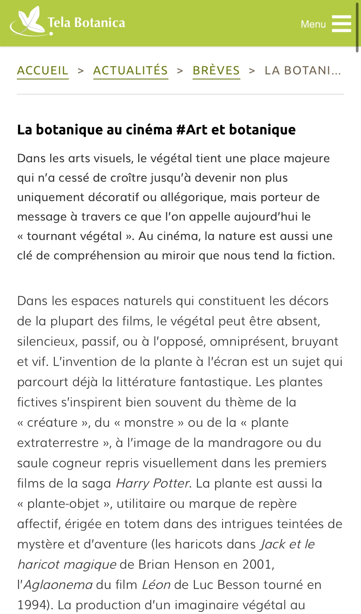 [article cinéma] Botanique et cinéma sur TelaBotanica
