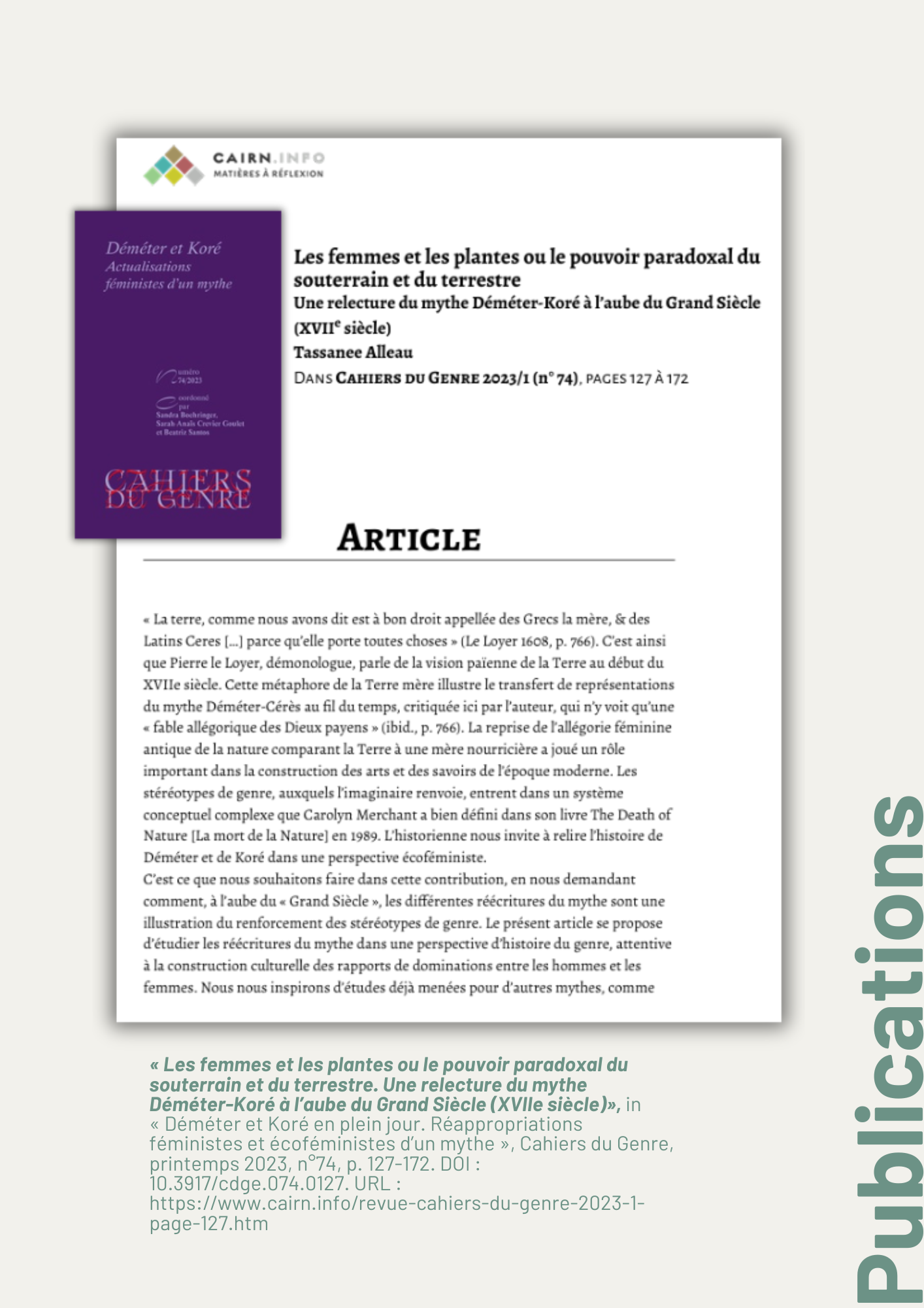 [article paru] 2023, Les femmes et les plantes ou le pouvoir paradoxal du souterrain et du terrestre, Une relecture du mythe Déméter-Koré à l’aube du Grand Siècle (xviie siècle)