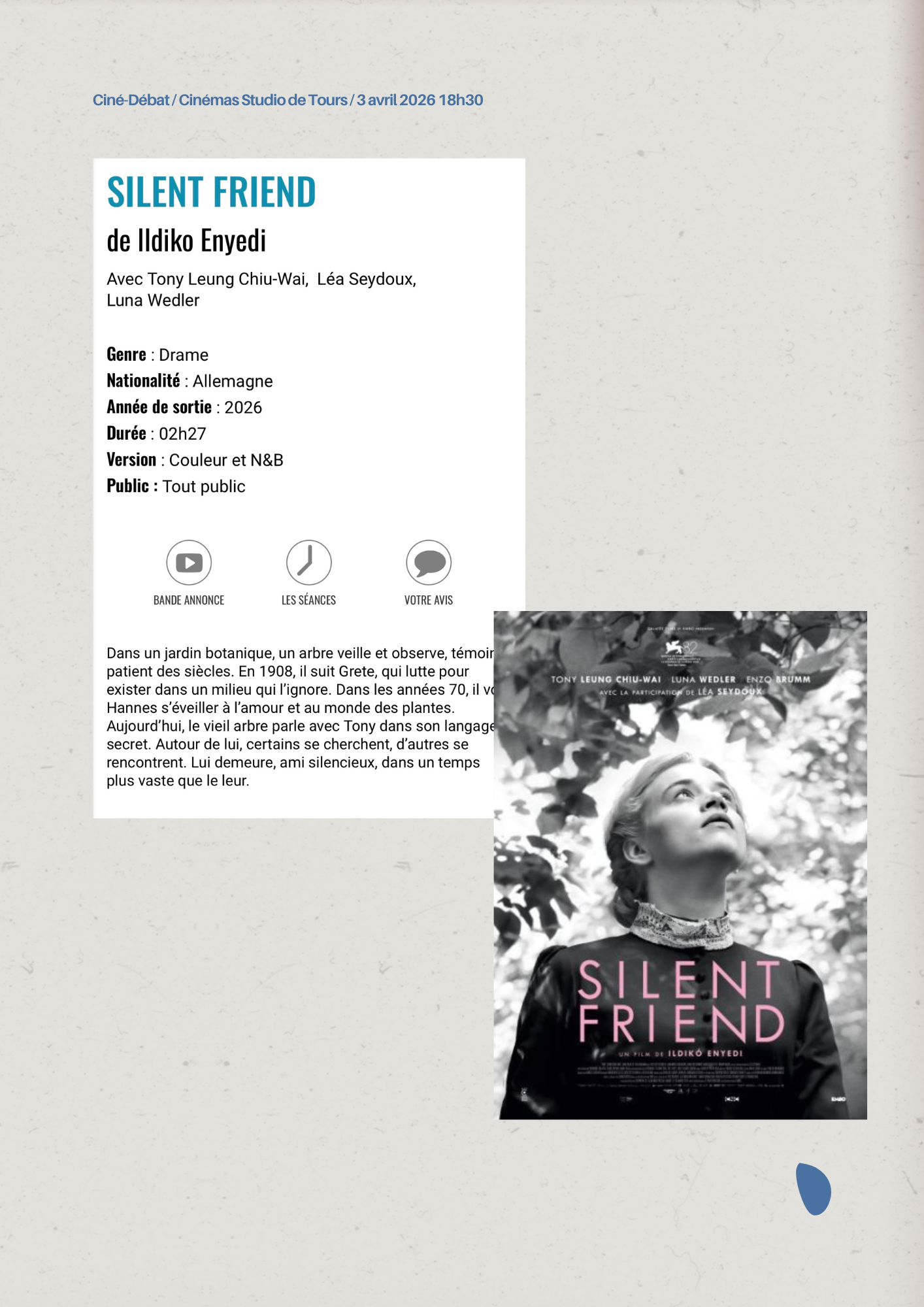 Ciné-Débat aux Cinémas Studios à Tours – Silent Friend