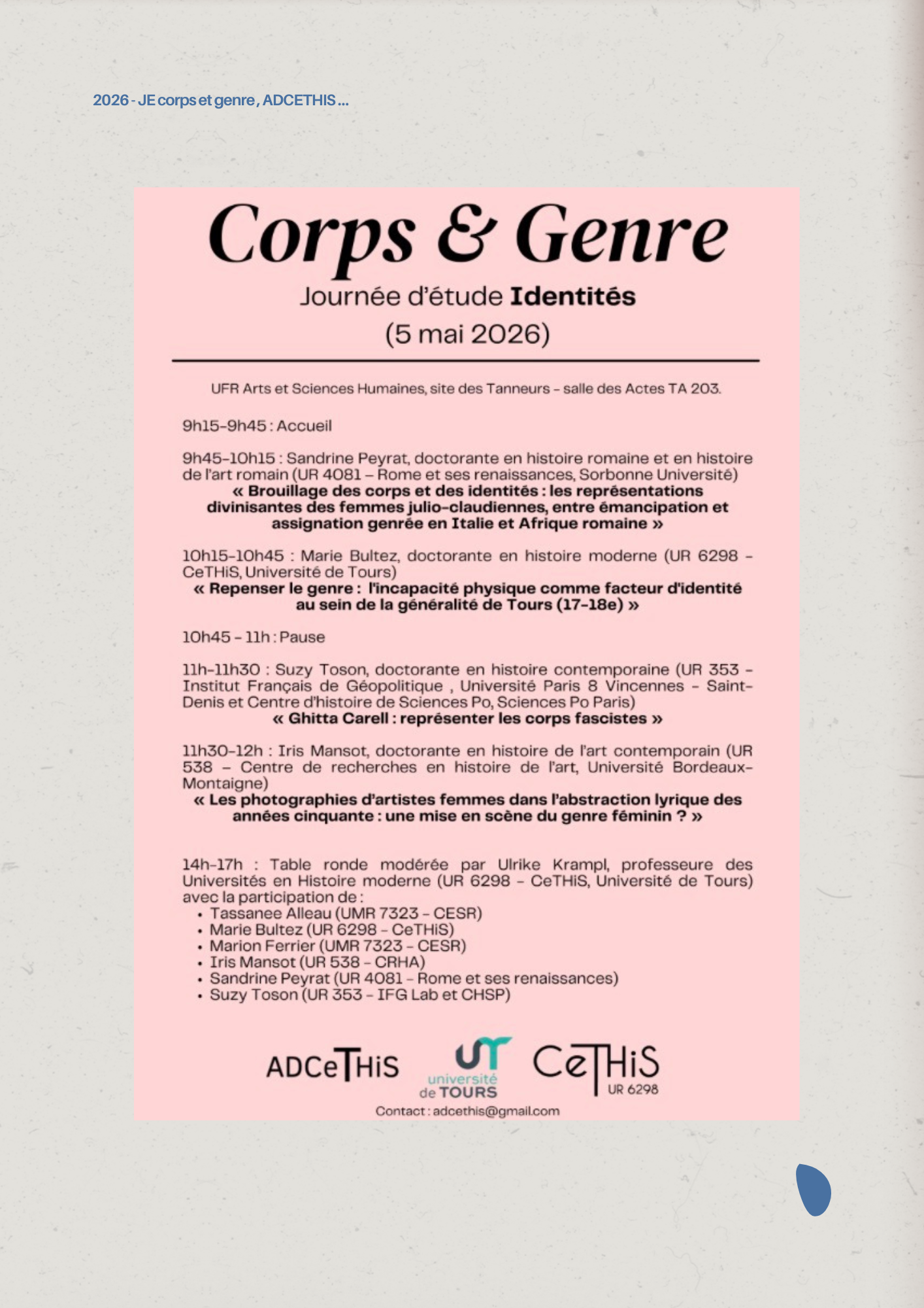 Table ronde – Journée d’études Corps & genre – Identités – AdCeThiS Tours